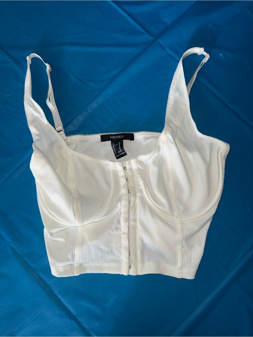 Forever 21 White Ribbed Bustier Crop Top with Front Hooks